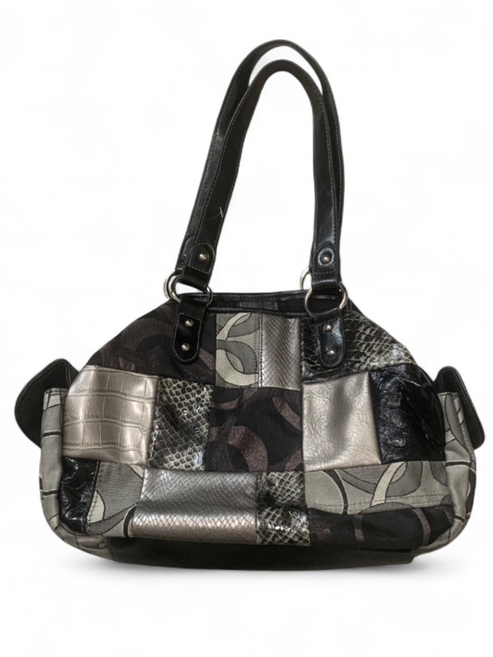 Y2K Rossetti Patchwork Metallic Shoulder Bag - Black & Silver